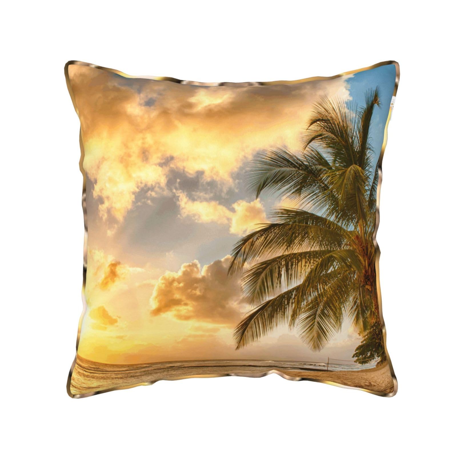 AUBKFELD Sunset Hawaiian Palm Tree Printed Velvet Cushion Cover 40x40 CM with Gold Edging Strip, Square Pillowcase Soft Throw Pillow Covers Case Decorative for Living Room Sofa Couch Bed Bench