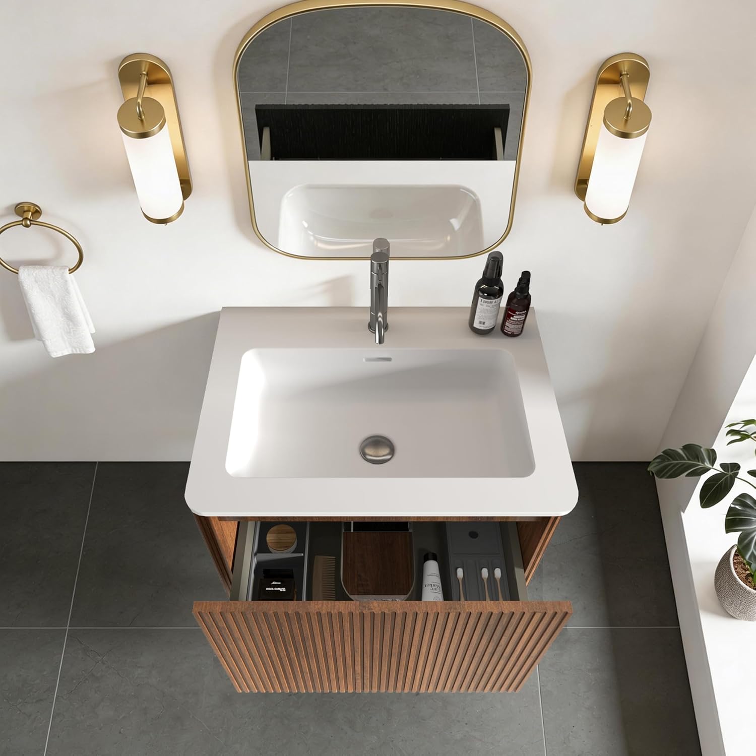 Wall Mounted Floating Bathroom Vanity with Sink, Large Storage for Modern Bathroom, One-Piece Sink Basin Minimalist Cabinet with Overflow (B.Walnut, 24IN)