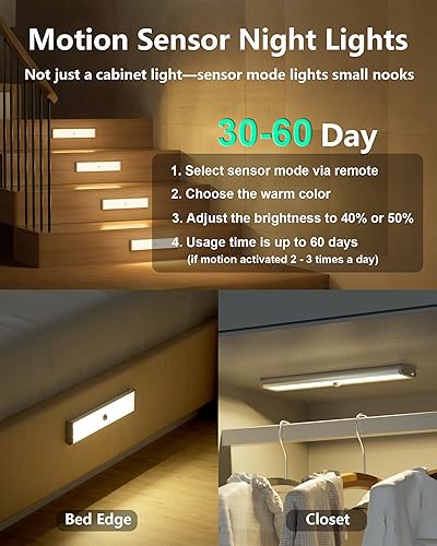 Miniatura 4 de SZOKLED Iluminación inalámbrica para debajo del gabinete de 58 LED, luces nocturnas con sensor de movimiento RGB con control remoto, luces