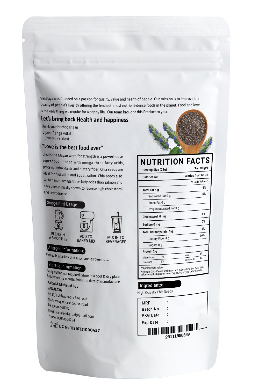Vanalaya Raw Unroasted Chia Seeds for Eating with Omega 3 Protein and Fiber for Weight Loss Management -250g
