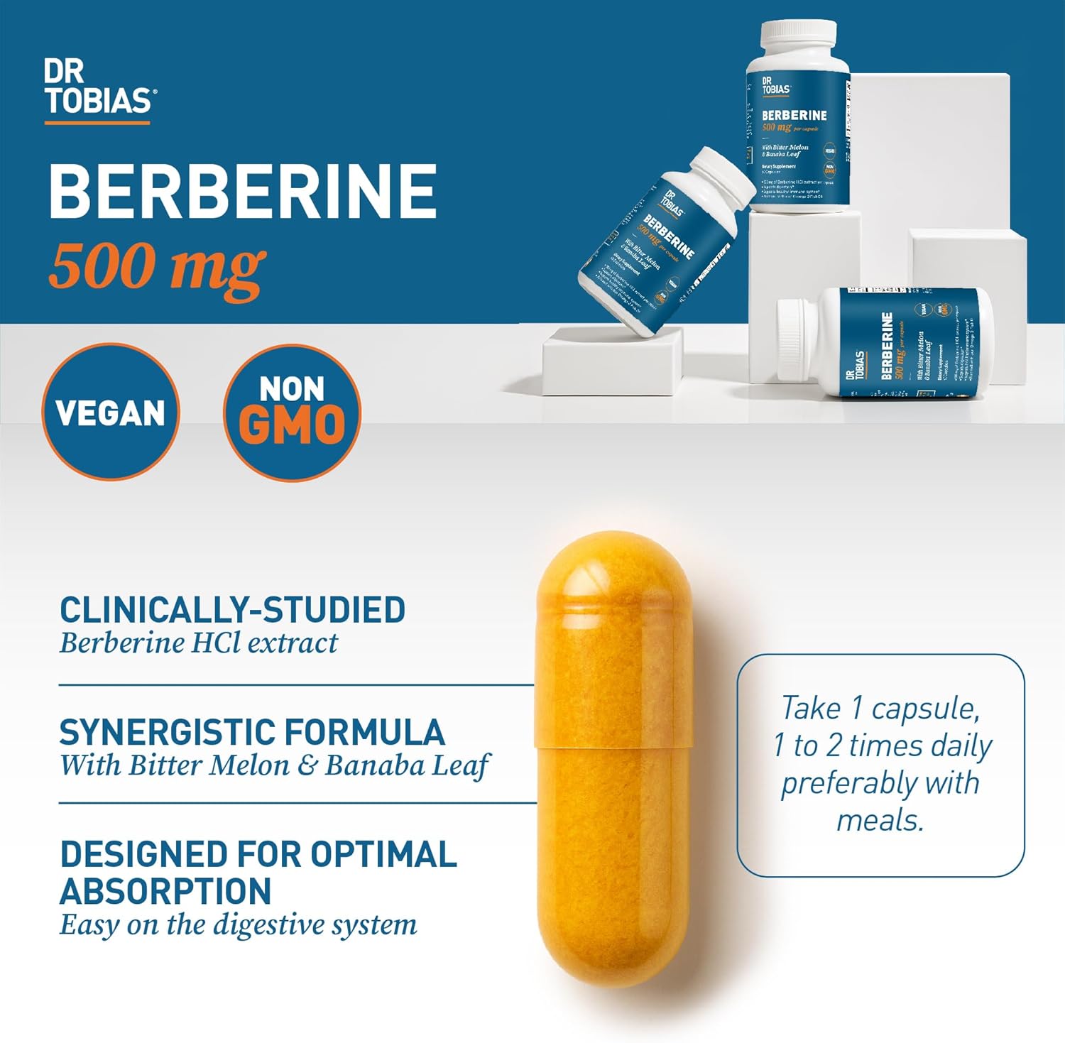 Dr. Tobias Berberine 500mg, Berberine Supplement for Women & Men - Gut Health, Immune Support, Heart Health Supplement with Bitter Melon Banaba Leaf – Vegan, Non-GMO, 60 Capsules - Image 3