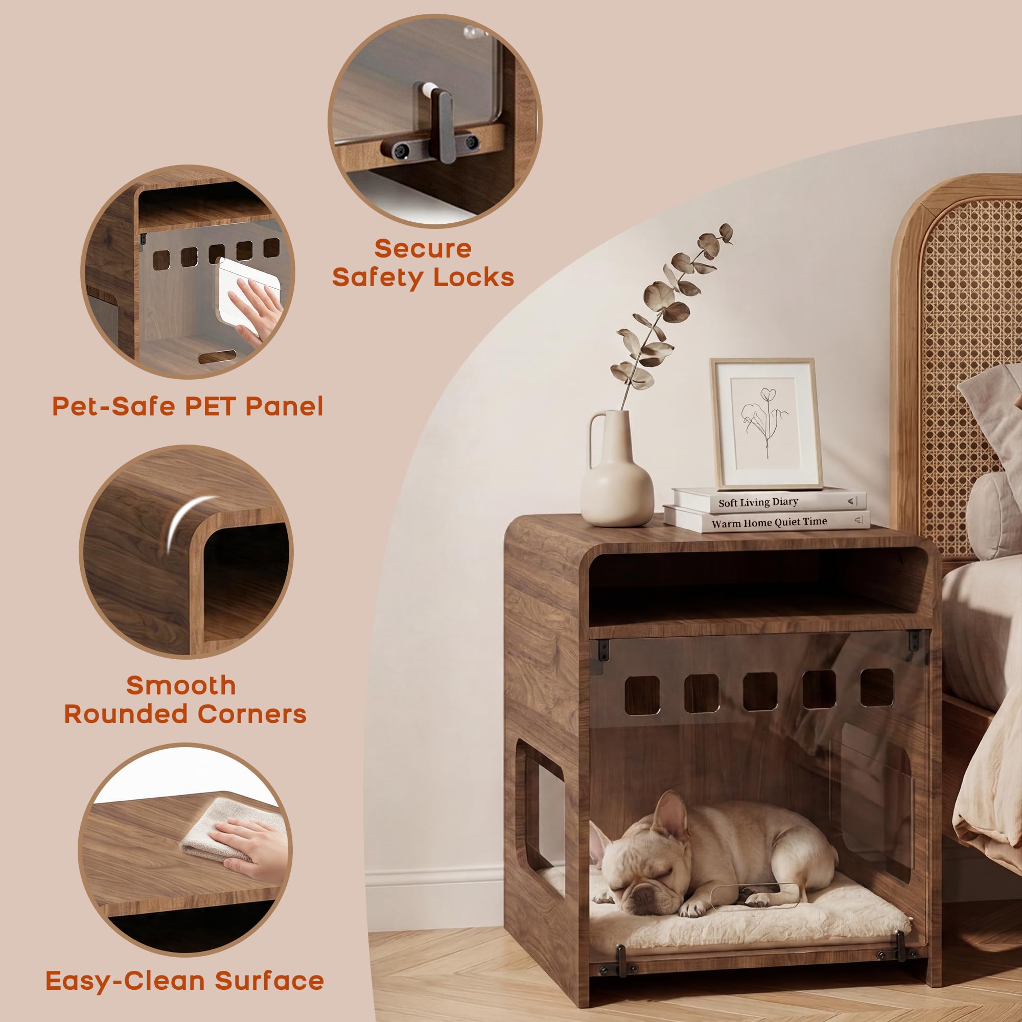 Hundebox für kleine Hunde, Hundekäfig Möbel mit Klapptür, Endtisch Hundekäfig mit Ablagefach, Indoor Haustierhaus für kleine mittelgroße Hunde, Holz Welpenhütte für Zuhause, Dunkles Holz