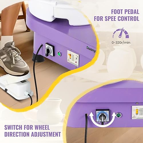 Miniatura 3 de Huanyu Máquina de rueda de cerámica con sistema de murciélago de 12 pulgadas, control de pedal de pie, kit de herramientas de escultura de arte