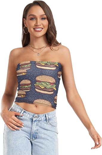 Yuiboo Stretch Tube Top Summer Outfits Cheeseburger Repeat Motif Elastic Padded Bandeau Nursing Backless