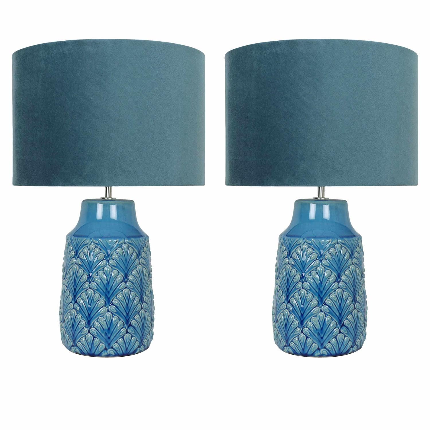 Firstchoicelighting Teal Set Of 2 Modern Ceramic Table Lamp Or Bedside Lights Retro Modern Design Velour Shade Height 46 Cm Led Compatible