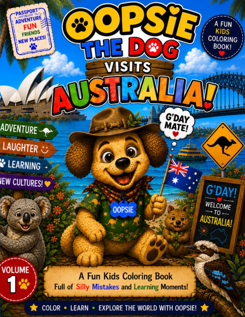 Oopsie the Dog Visits Australia: A Fun Kids Coloring Book Full of Silly Mistakes and Learning Moments (Oopsie the Dog Passport Adventures)