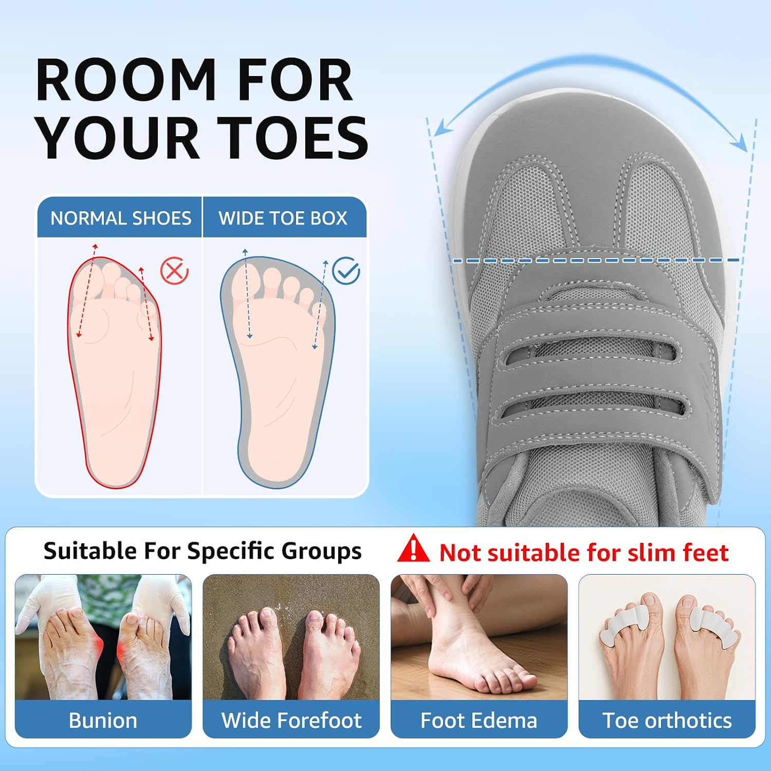 Wide Shoes Women | Hook and Loop Orthopedic Walking Shoe for Diabetic, Bunions, Plantar Fasciitis, Hammertoes, Swollen Feet, Seniors
