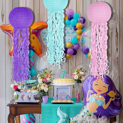 Miniatura 6 de Juego de 6 faroles colgantes de papel de gelatina de pez rosa, morado y azul para decoración de fiesta de cumpleaños bajo el mar y el océano