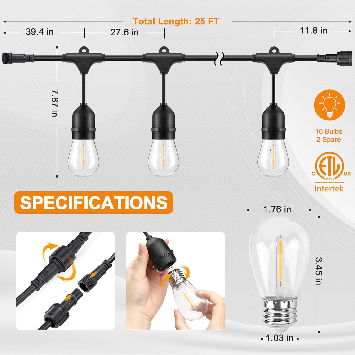 EAGLE PEAK 25 FT S14 Solar-Powered String Lights, IP65, 10 Shatterproof Edison Vintage Bulbs (2 Spare) for Outdoors, 10 Hanging Sockets, Decorative Lights for Patio, Garden, Wedding, Party, and Pool