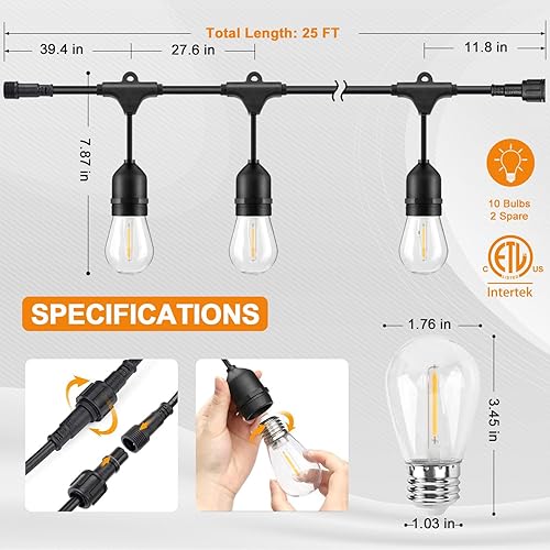 Miniatura 5 de EAGLE PEAK Tira de luces solares S14 de 50 pies, IP65, 15 bombillas Edison vintage inastillables (2 de repuesto) para exteriores, 15 enchufes