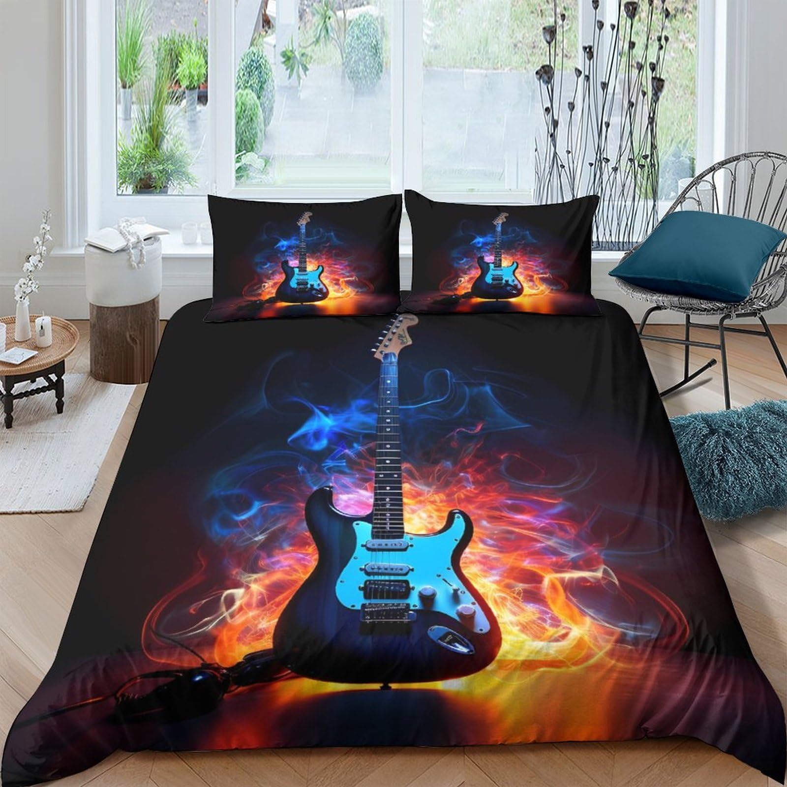 Ctjqhvkz Style-1 3D Printed Electric Guitar Fitted Sheet Microfiber Soft Flame Art Bed Cover For Bedroom Dorm Mattress Decor Single（135X200cm）