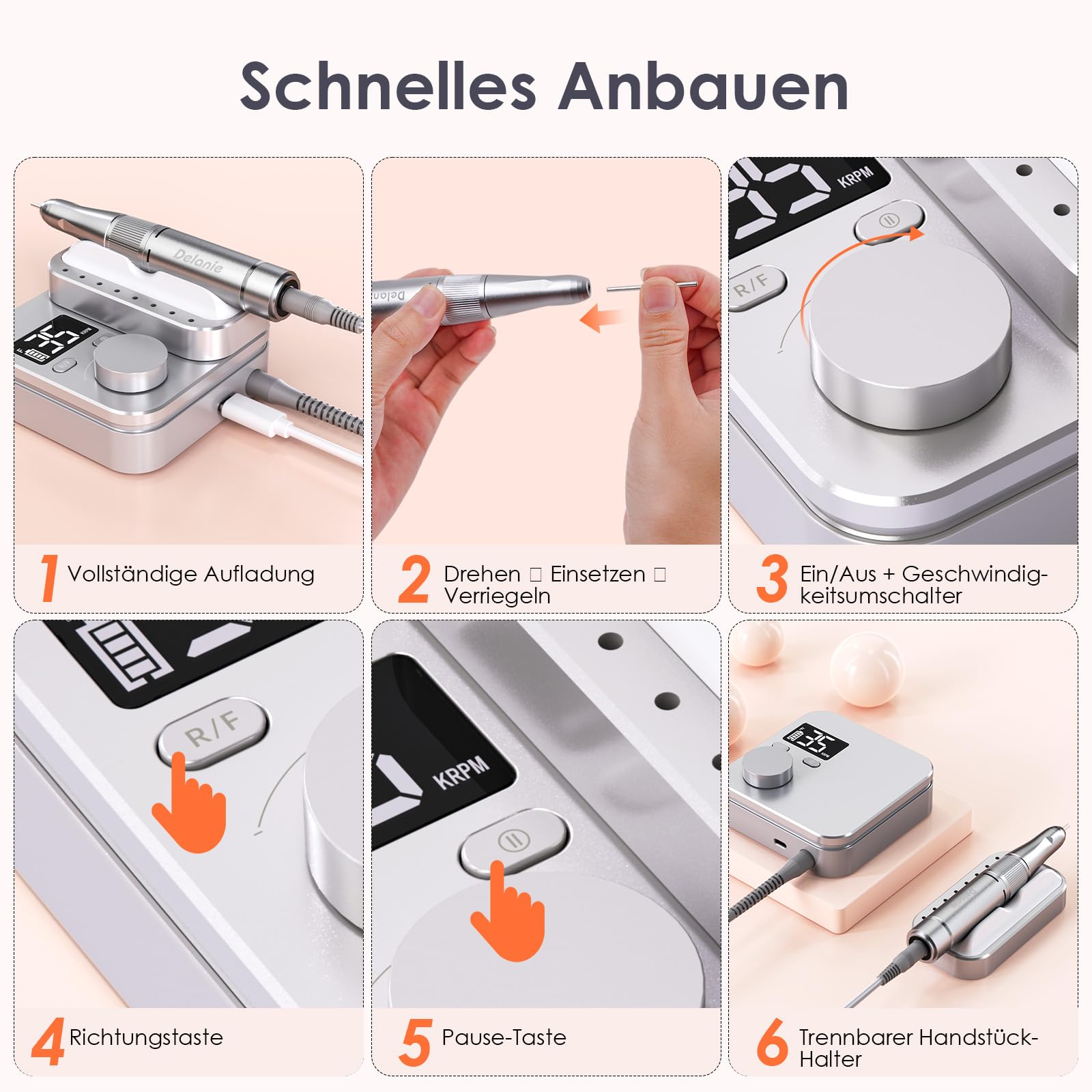 Delanie Elektrischer Nagelfräser für Gelnägel 35000 U/Min, Wiederaufladbar Nagel Fräser für Nägel mit Handstück-Halter, Nagelfräser Professionell mit LED Anzeige & Pause Funktion für Maniküre Pediküre