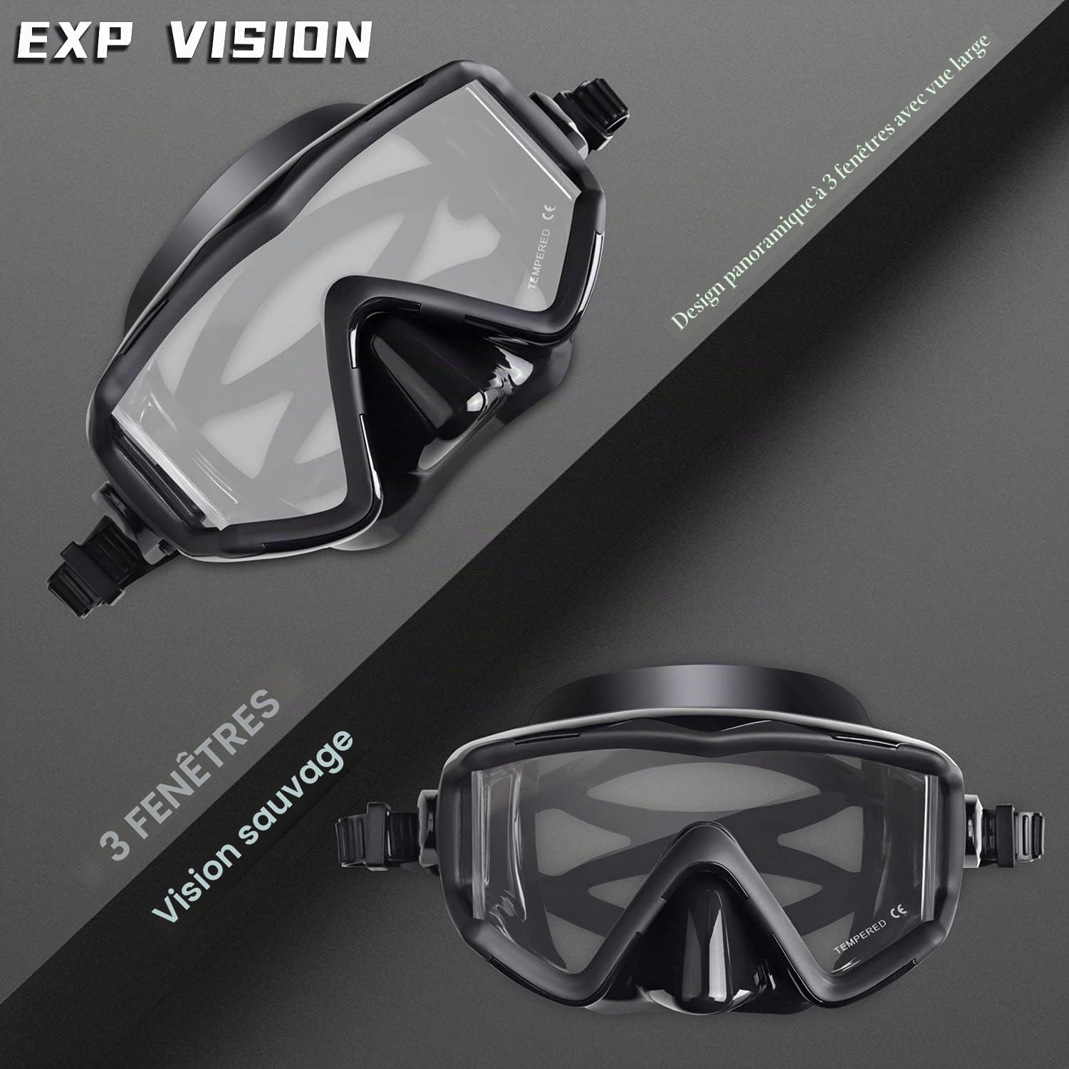 Masque de plongée Pano 3 Adulte - Masque de plongée en Verre trempé - Lunettes de plongée Anti-buée Lunettes de Natation avec Couvre-Nez pour la plongée en apnée, la plongée en apnée, la Natation