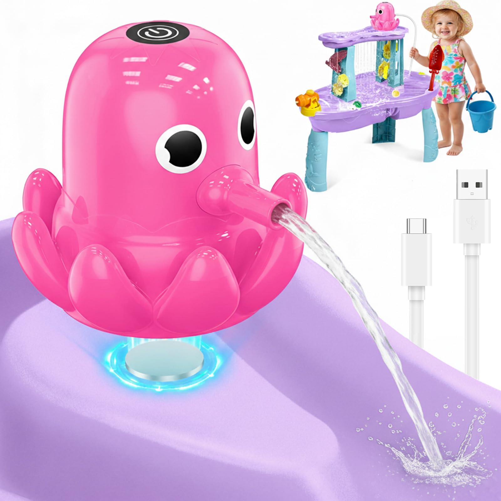 Photo 1 of Water Table Pump, Battery Powered Continuous Water Pump for Water Table, Cordless Octopus Rechargeable Magnetic Pump, No Drill Installation, Outdoor Water Play Accessory for Kids (Pink)