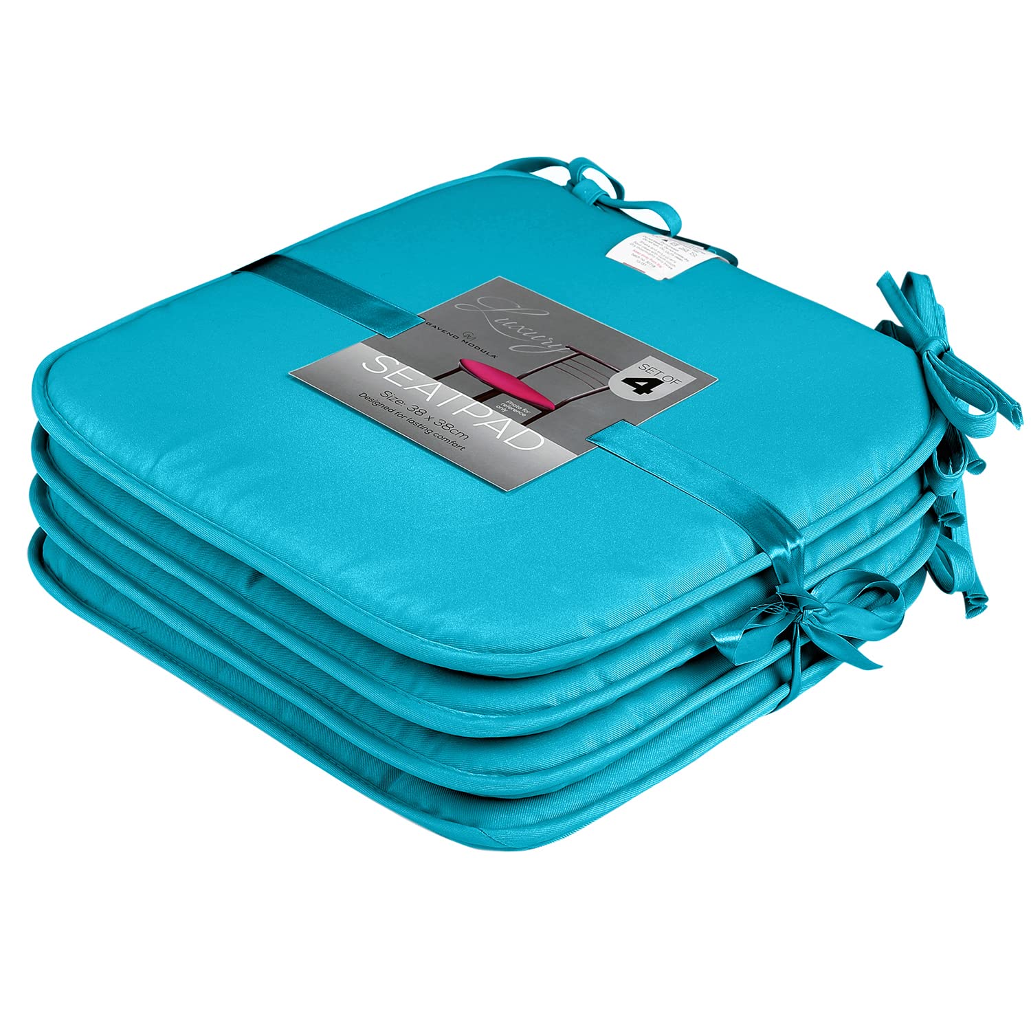 GC GAVENO CAVAILIA Pack of 4 Chair Pads Office Garden Chair 38X38 Cm - Indoor Outdoor Removable Cover Square Seat Pads For Dining Chairs - Patio Kitchen Cushion Pads With Ties, Teal