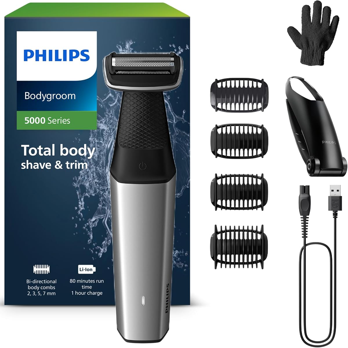Philips Bodygroom Series 5000, Showerproof Groin and Body Trimmer, Close and Comfortable Shave, Complete Body Grooming Including Back, 60 Min. Runtime, Model BG5021/16