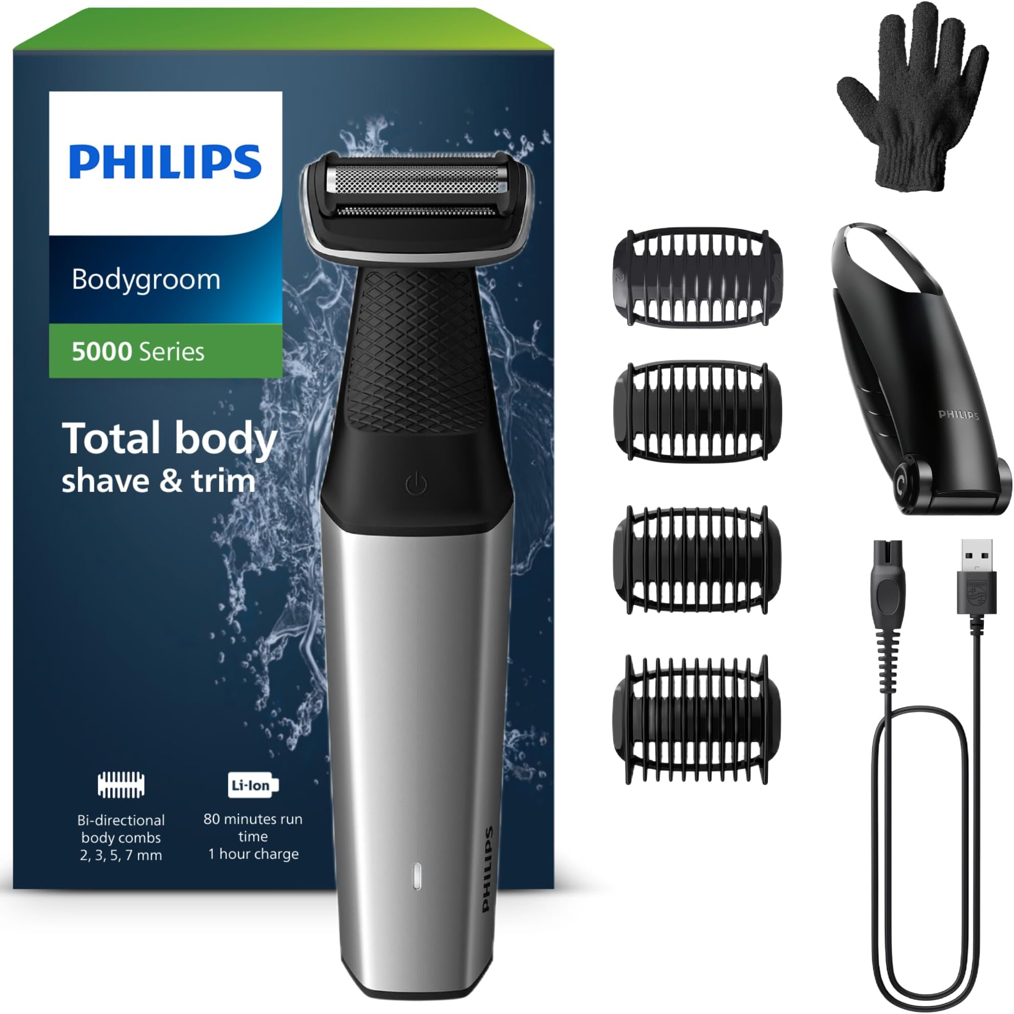 Bodygroom Series 5000, Showerproof Groin and Body Trimmer, Close and Comfortable Shave, Complete Body Grooming Including Back, 60 Min. Runtime, Model BG5021/16