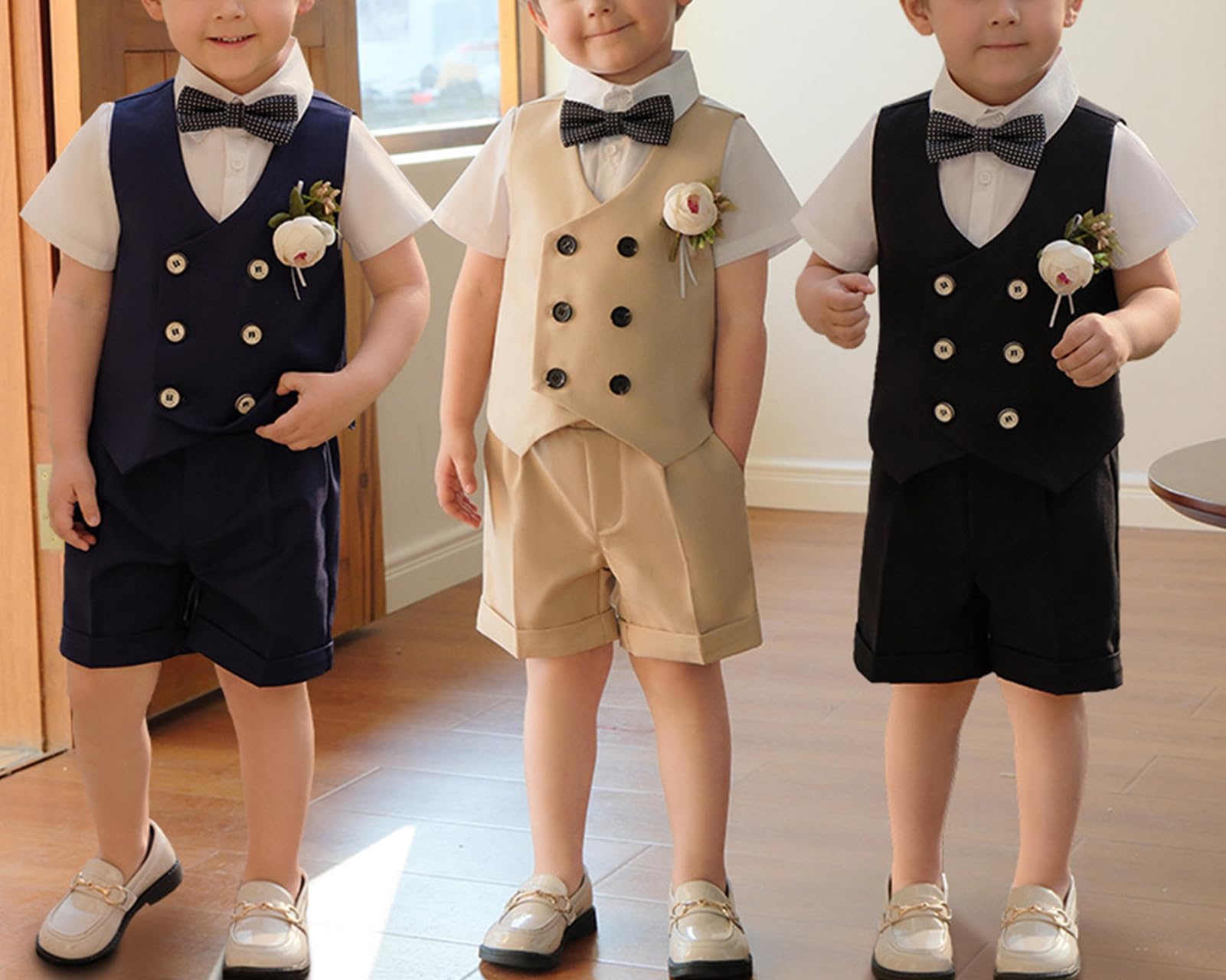 Smoking Abiti Bambini e Ragazzi Completi e Coordinati Camicia Fiocco+Gilet+Pantaloncini+Corsage Completi da Gentiluomo per Bambino
