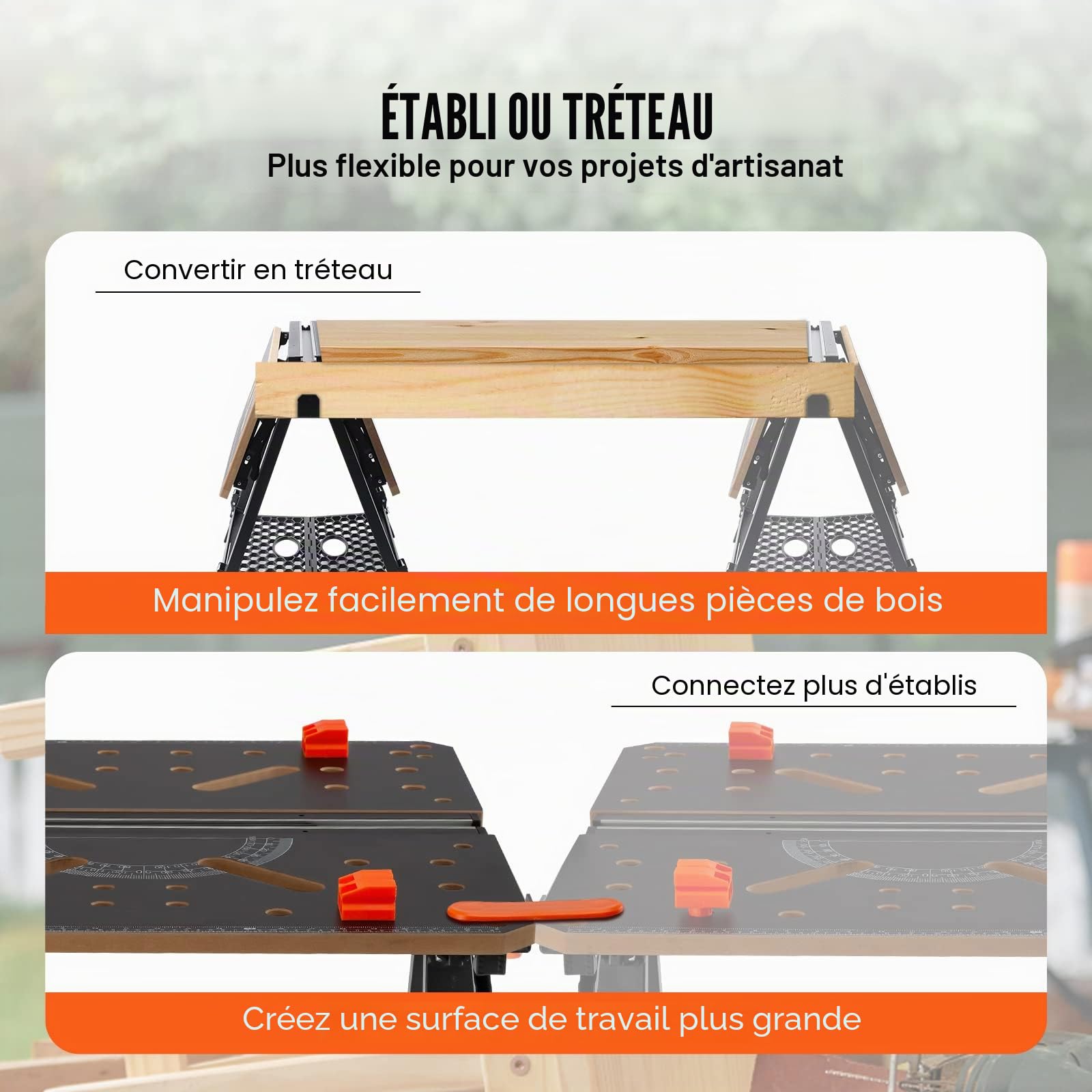 VEVOR Établi Pliant 2 en 1 Table de Travail Utilisable comme Chevalet Scie Charge 454 kg 7 Hauteurs Réglables Pieds Acier Support Outils Pince Rapide 4 Griffes Serrage 2 Crochets pour Garage Atelier
