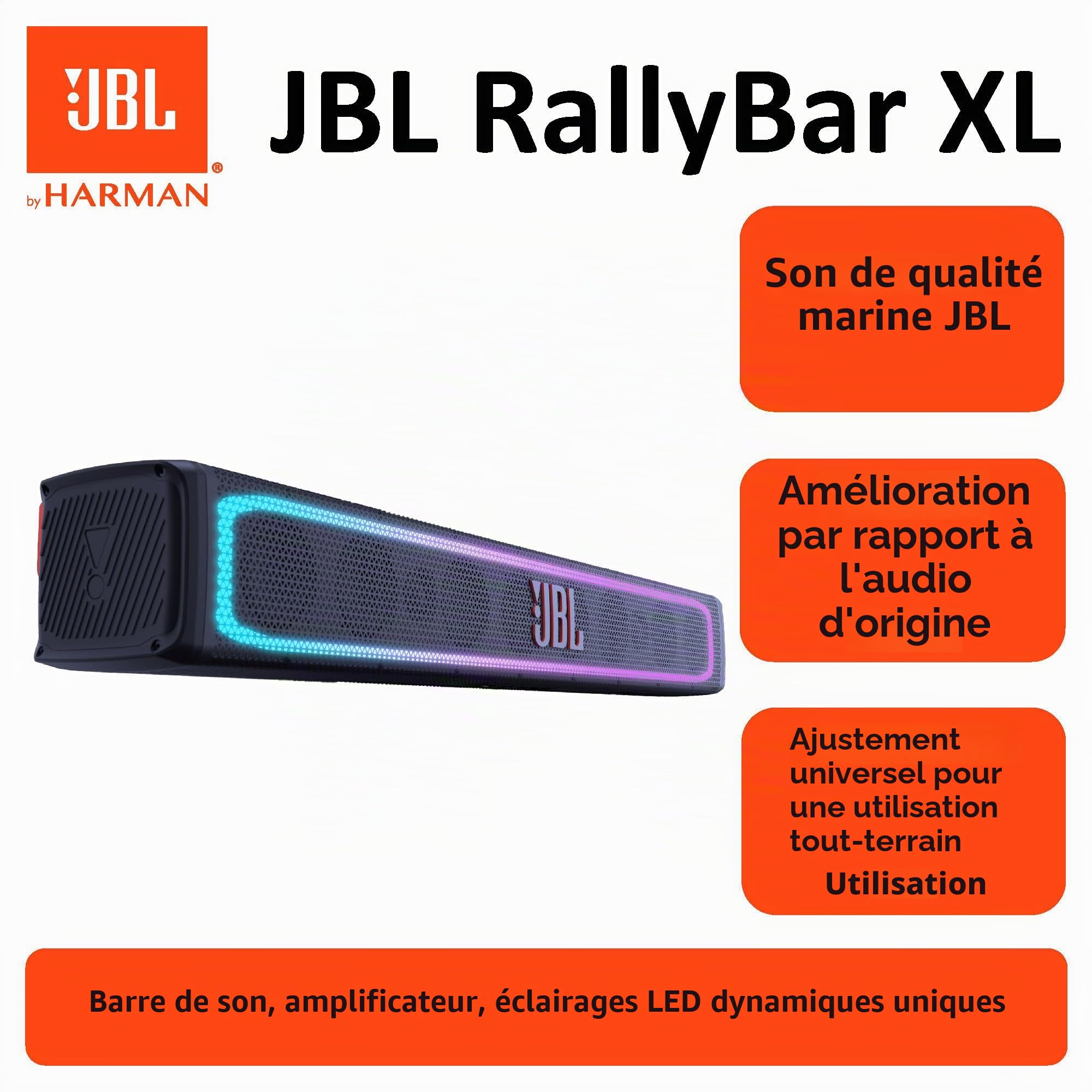 JBL Enceinte RallyBar XL 35" - Barre de Son Bluetooth Universelle d'extérieur pour Véhicules et Bateau Marine avec 14 Haut Parleur étanches, 300W rms amplifié, éclairage LED, Son Pro et Subwoofer