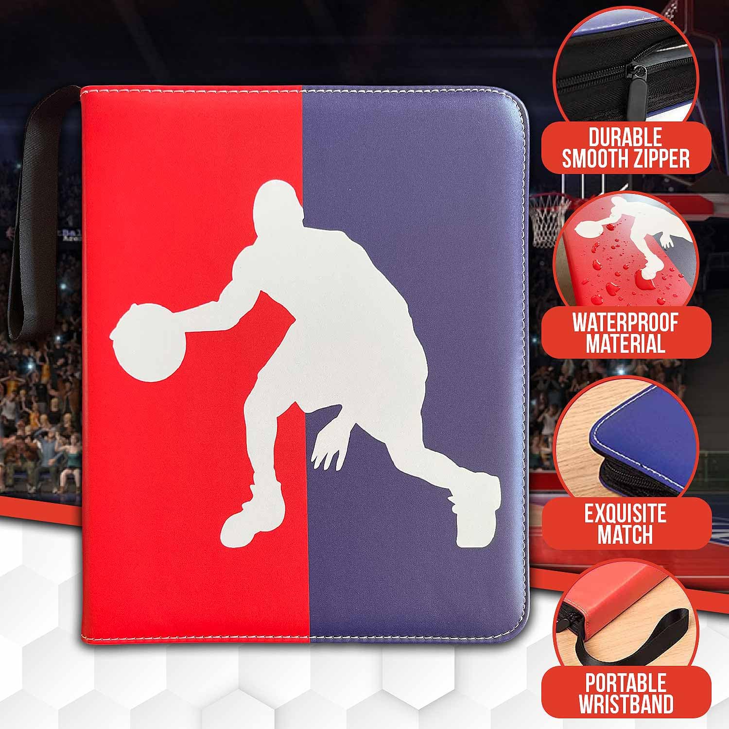Card Binder with Sleeves - 3 Ring Waterproof Card Album with 50 Sleeves, Zipper Close, Large Capacity Card Holder Stores 900 Sports and TCG Cards (Basketball)
