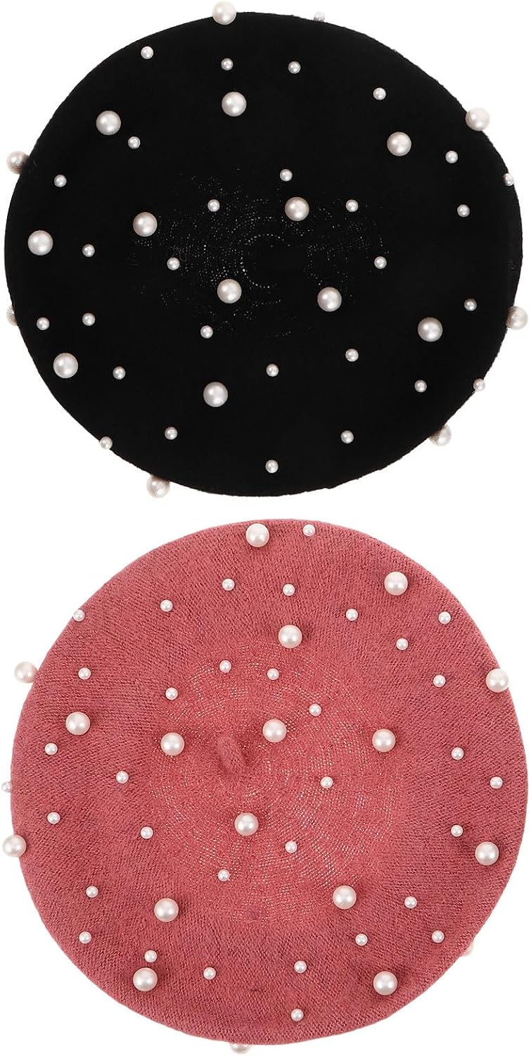 2pcs Women Pearl Beaded Beret Hat Set Vintage French Wool Berets for Women Breathable Knit Winter Hats 56-58cm for Travel Party Daily Wear