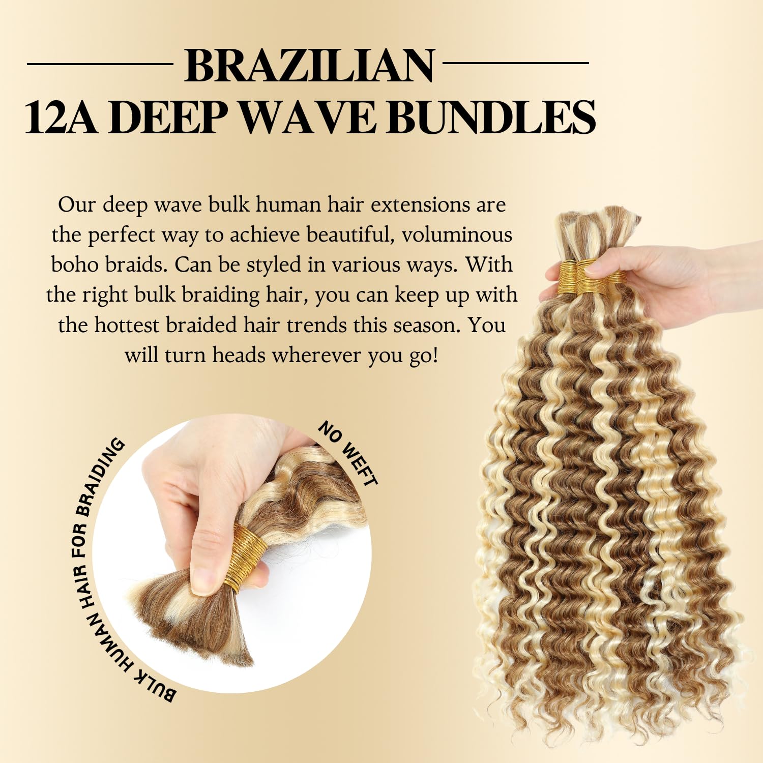 F27/613 Human Hair Deep Wave Bulk for Boho Braids, 12A Multi Blonde Highlight Braiding 100% Real Virgin Hair No Weft Honey Blonde Ombre #27/613 Culry Braids Miracle Knots 16 Inch 50G