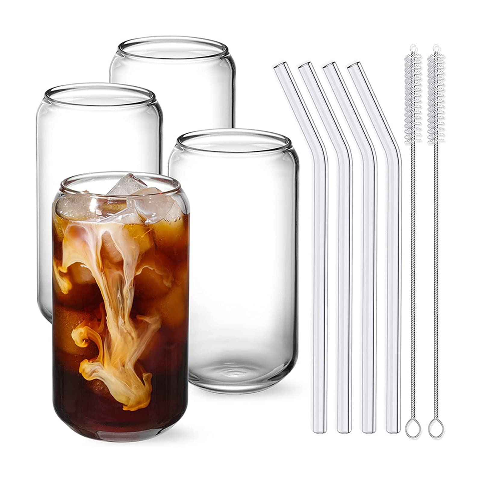 Aoguaro Drinking Glasses With Glass Straw 4pcs Set 16oz Can Shaped Glass Cups Both Hot and Cold, for Juice Milk Beer Iced Coffee Whiskey Soda Tea Water etc With 2 Cleaning Brushes Gift kit