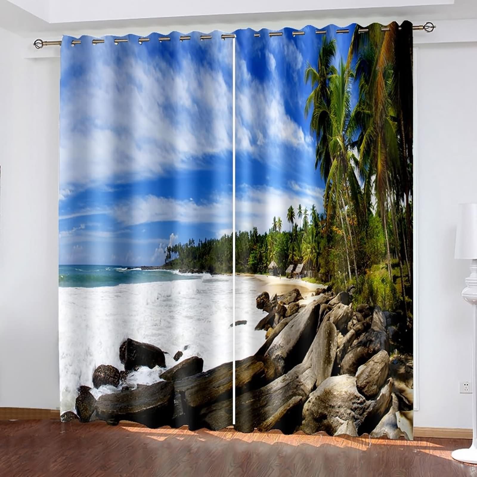 Panele zasłonowe okienne na zewnątrz, zasłony okienne boho niebieski zielony biały niebieski niebo morze i palmy kokosowe poliester 2 panele 213 x 244 cm