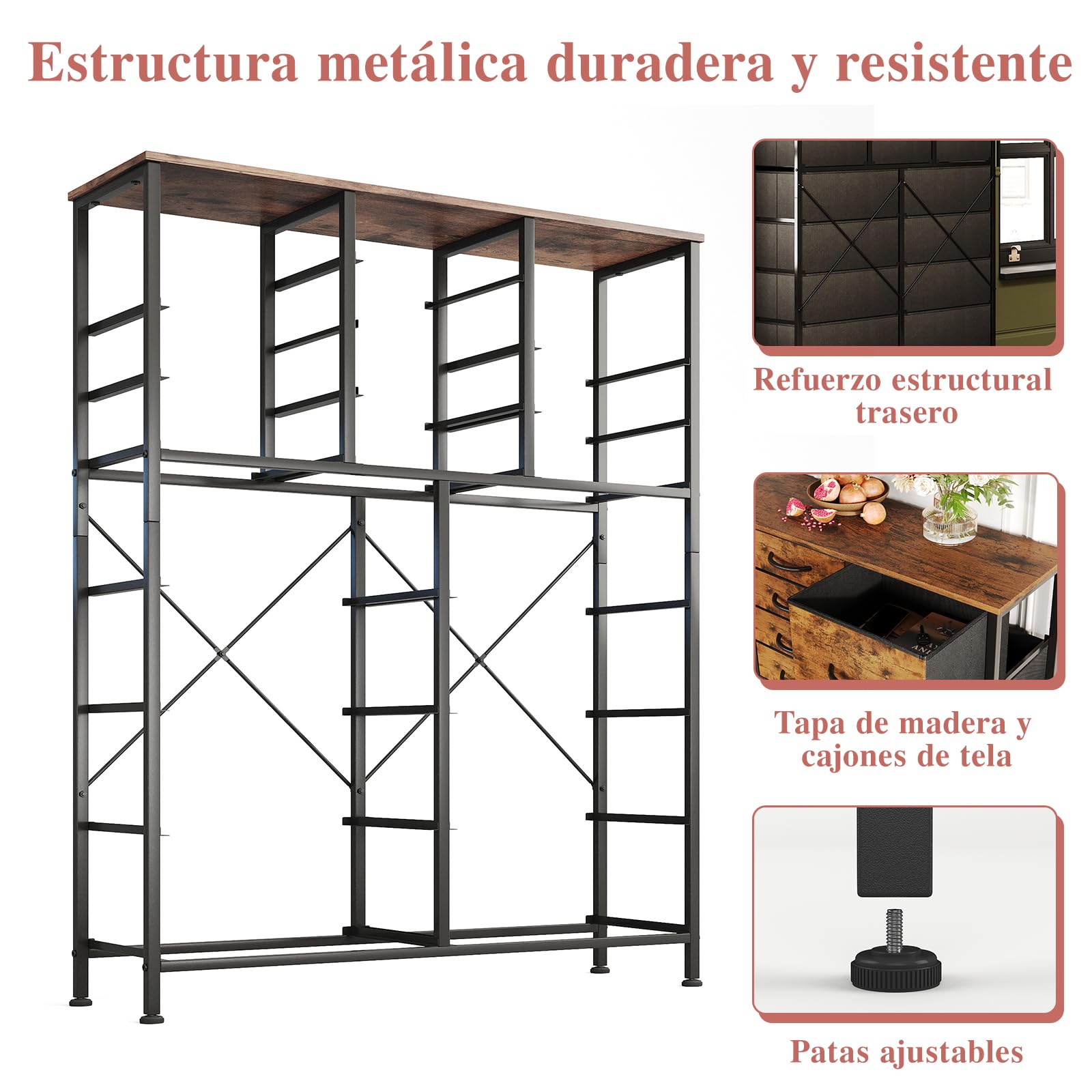 CAIYUN Cómoda con 18 cajones de tela, cómoda para dormitorio, cómoda, salón, armario de almacenamiento, con marco de acero resistente, tablero de madera (marrón vintage)