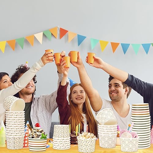 Miniatura 6 de Whaline 60 tazas de papel boho de 8 onzas, 3 estilos, bohemias, arco iris, lunares, rayas, tazones de papel desechables, cuencos de postre bohemios,