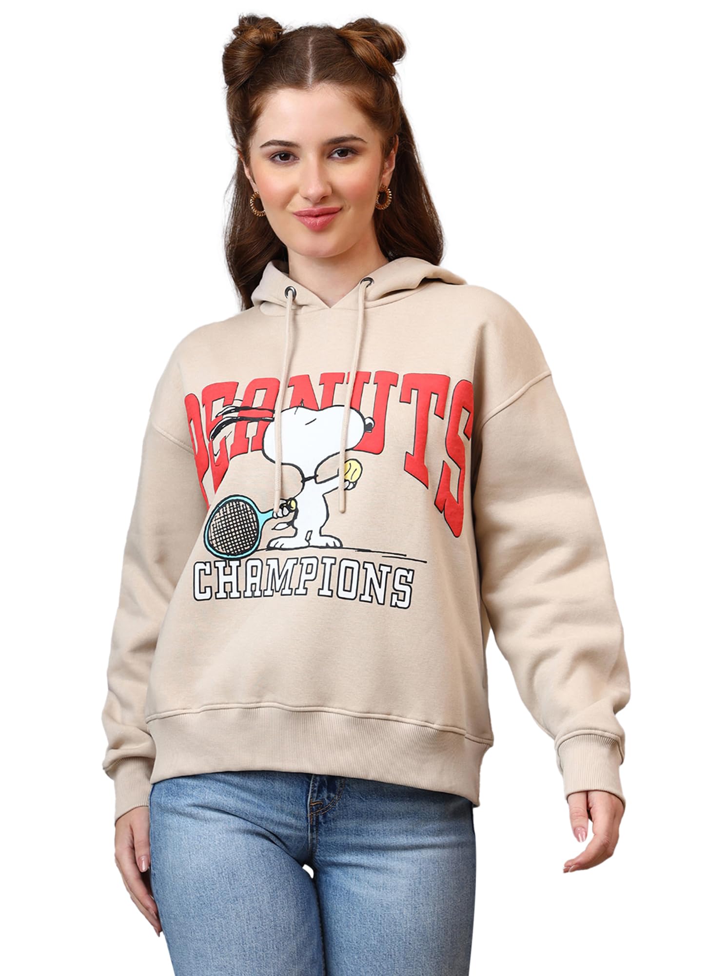 free authority Official Peanuts: Champions Puff Printed Beige Relaxed Fit Hoodie for Women-picture-10