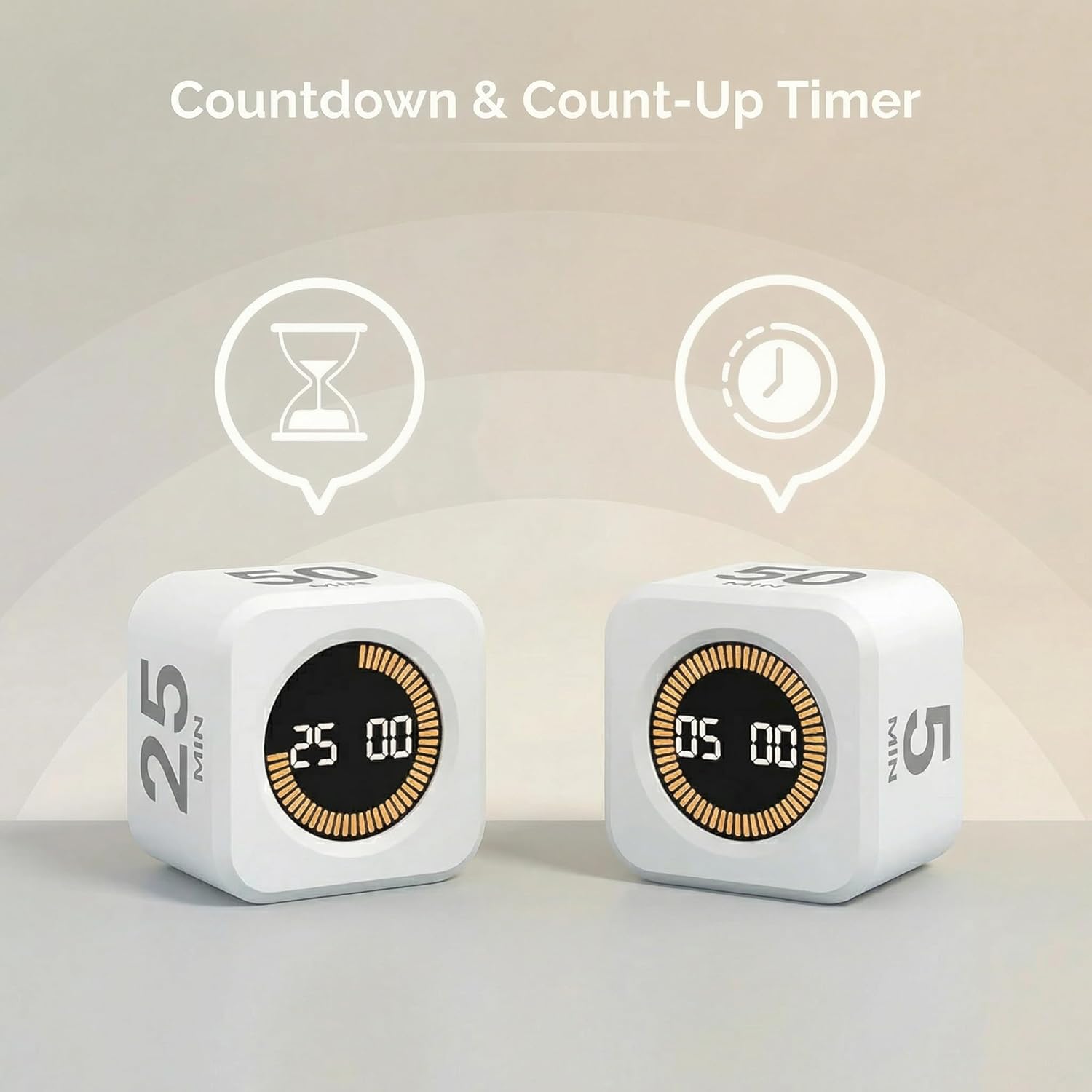 KADAMS Pomodoro Timer Visual - Productivity Pomodoro Cube, 5/10/25/50 Min Countdown & Countup, Silent – Ideal for Work Study Cook Workout Kitchen School Classroom Office Gift Kids (1, White)