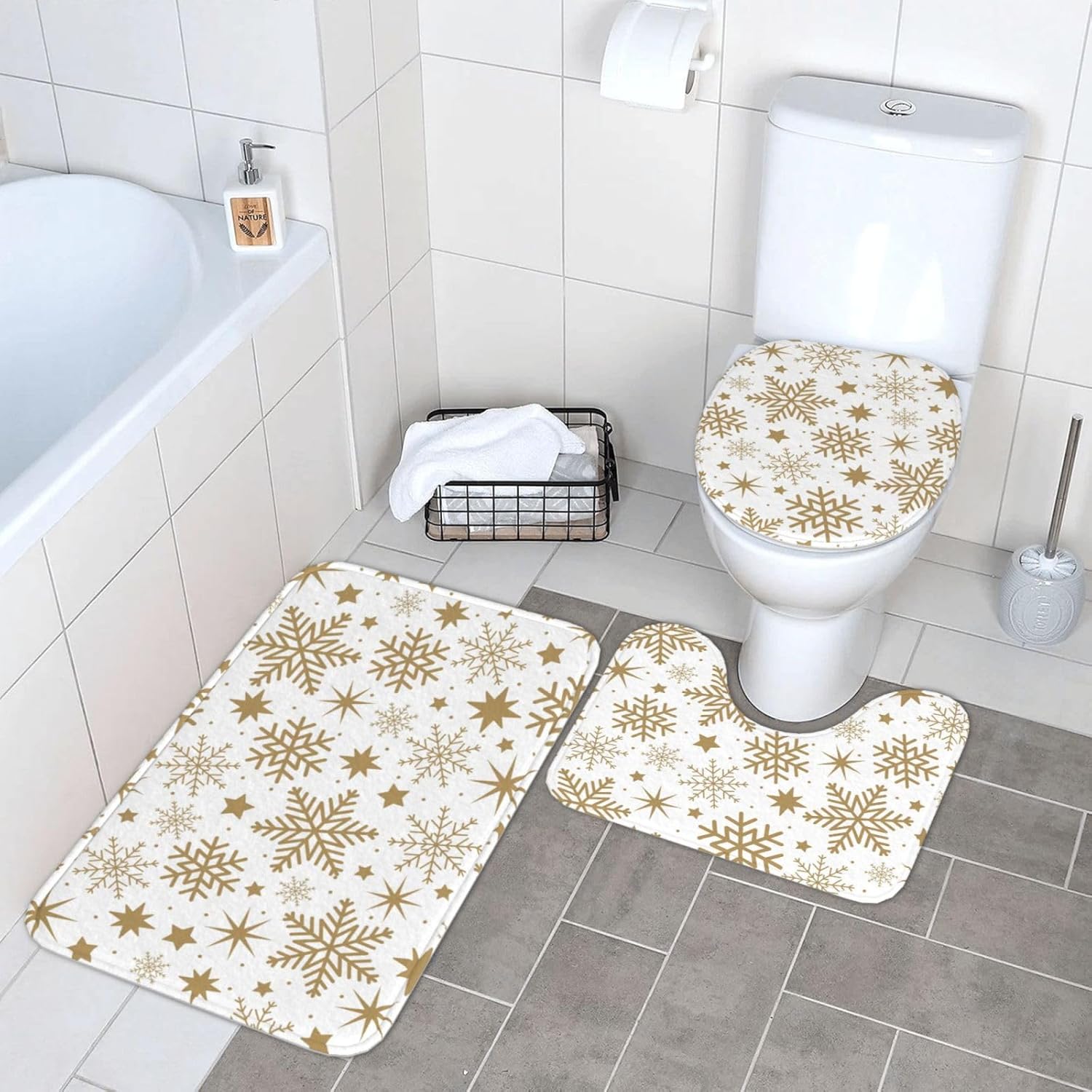 Golden Snowflakes 3 Piece Bathroom Rug Set Winter Christmas Bath Mat Non Slip White Shower Rugs Extra Soft and Water Absorbent Floor Mats Toilet Contour Mat Lid Cover