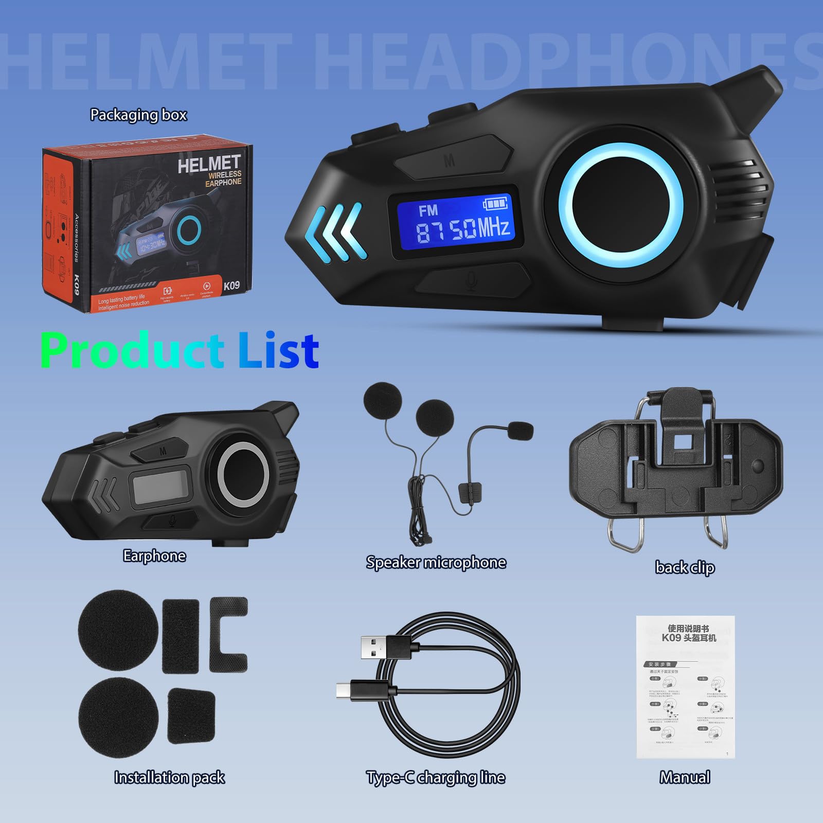SHINEOFI Auricolare senza Fili per Casco Moto K09, Connessione Wireless 6.0 con Microfono, Batteria 800mah, Ip65, Abs, Comfort Ergonomico per Lunghi Viaggi in Moto