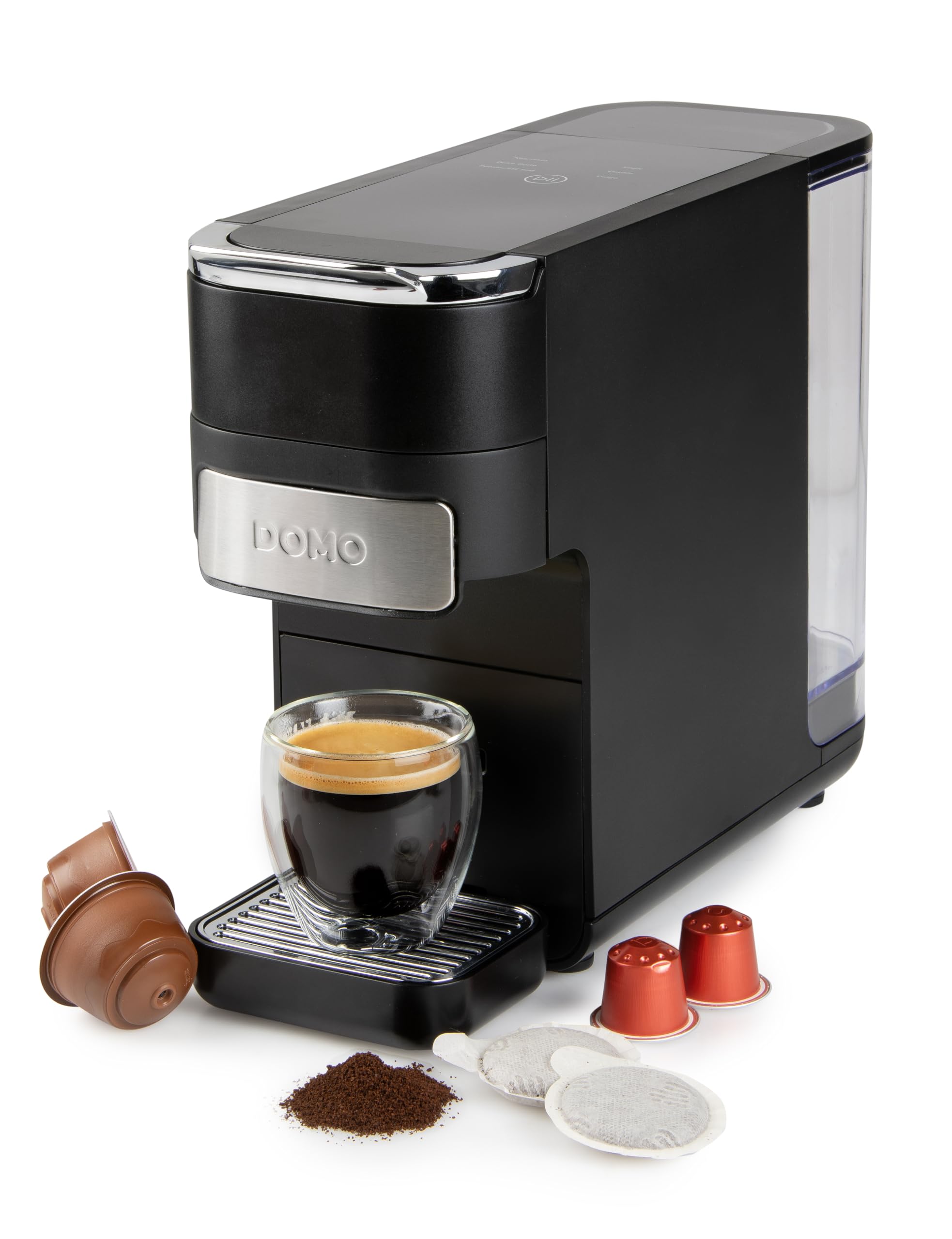 DOMO DO748K Máquina de café de cápsulas 4 en 1 – Cafetera espresso y capuchino para Nespresso, Dolce Gusto, ESE y café molido – Control táctil – Cuchara dosificadora con tamper