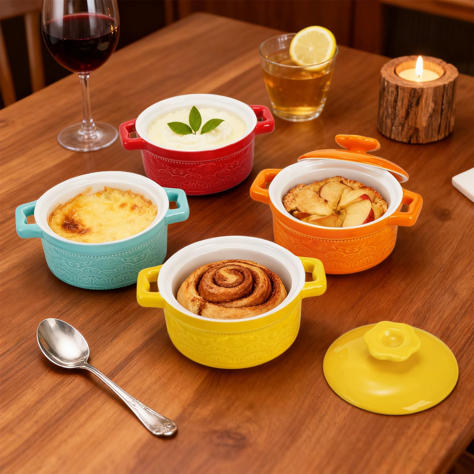 Hacaroa Set mit 6 Mini-Kokotte-Auflaufförmchen mit Deckel, 237 ml, Keramik-Auflaufförmchen mit Griffen, kleine Auflaufformen, individueller Serviertopf zum Backen, Soufflé, Suppe, Schuster, ofenfest,