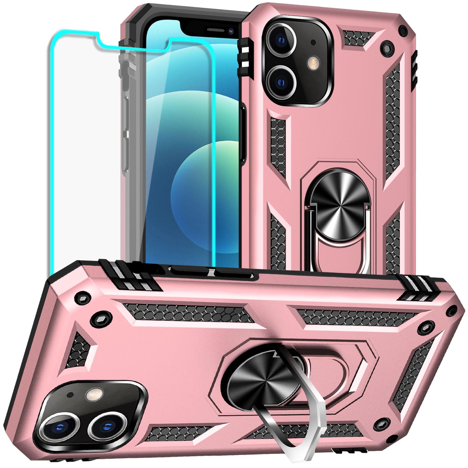 Yiakeng iPhone 12 Mini Case: Military Grade Protective Case with HD Screen Protector, Ring Kickstand, Rose Gold