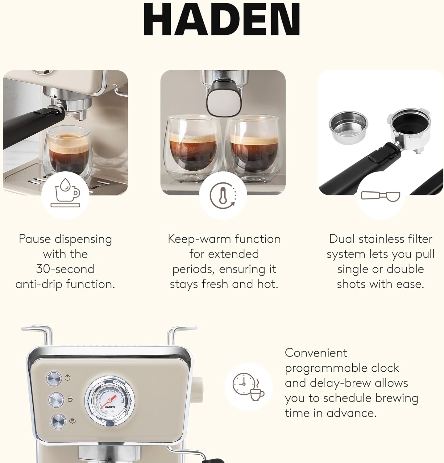 HADEN Barista Brew Espresso Coffee Machine, Stainless Steel Espresso Maker with Milk Frother and Steamer Function and 1.5L Water Tank, Putty & Copper