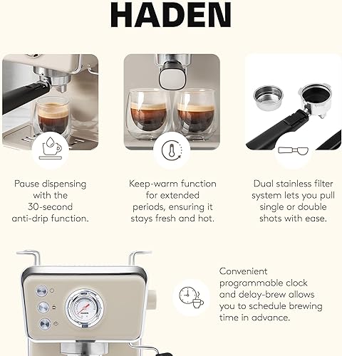 Miniatura 3 de HADEN Barista Brew - Cafetera de café expreso, de acero inoxidable con espumador de leche y vaporizador y tanque de agua de 1.5 L, masilla y cobre