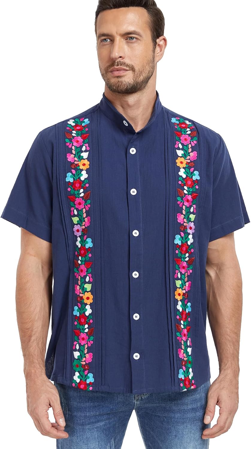 YZXDORWJ Men's Mexican Cuban Shirt Embroidered Traditional Button Down Shirt Summer Band Collar Short Sleeve Tops