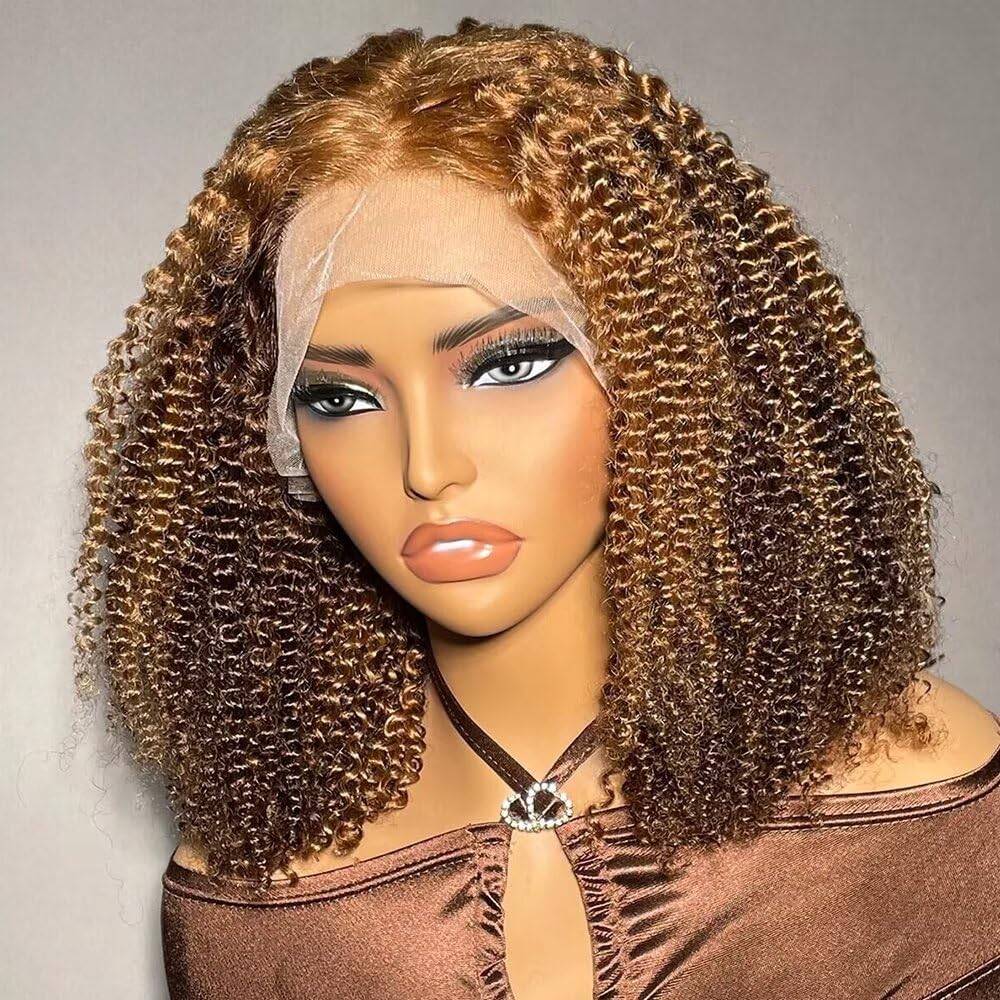 Ombre Brown and Honey Blonde Afro Curly Human Hair Wig Pre Plucked 180% Density Full End HD Transparent 13X4 Invisible Lace Front Brazilian Wig Bleached Knots Baby Hair #4/27 Colored Kinky Curly Wig