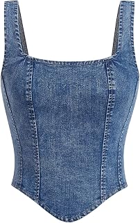 WDIRARA Women's Denim Asymmetric Hem Crop Top Sleeveless Zip Back Corset Tank Top Price In India