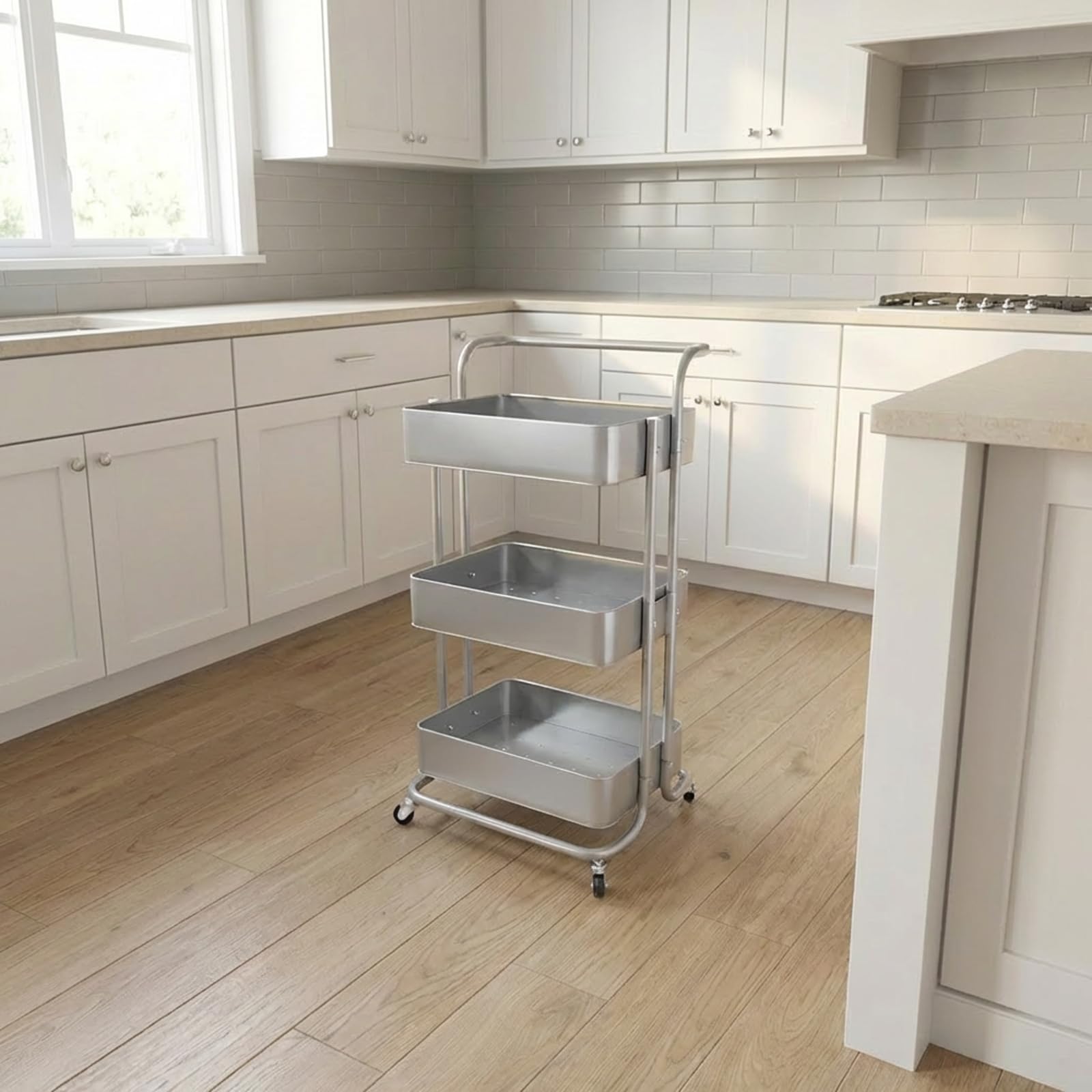 ECHTWERK Carro de Servicio móvil para Cocina/baño/Oficina con 3 Niveles, Carro de Cocina con cajones, Carro de Herramientas, Carro de artesanía, con asa de Empuje, Silver-Edition, 43 x 32 x 86 cm