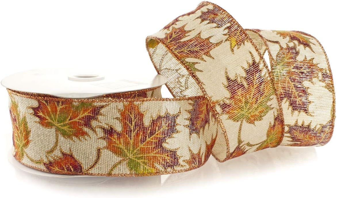 2 1/2" Wired Ribbon Fall Leaves On Natural Burlap 25 Yards