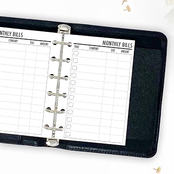Pocket Bill Tracker Planner Insert Refill, Monthly Payment Log Pages