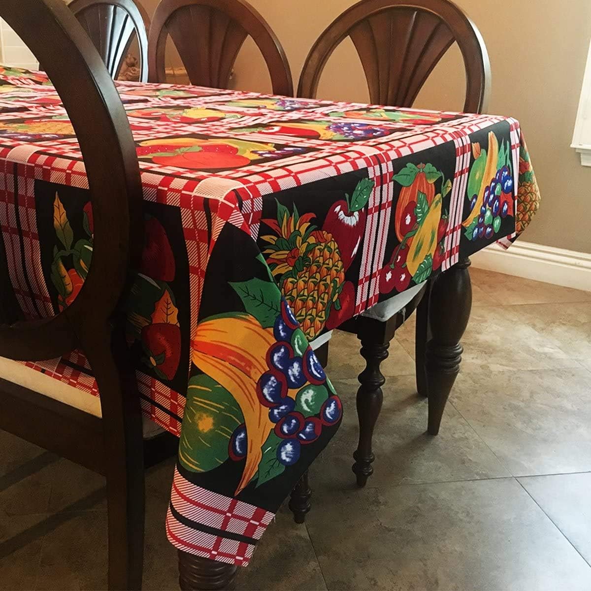 Zen Creative Designs Bundle of Fruit on Gingham Black Background Cotton Rectangle Tablecloth and Overlay Perfect for Spring and Summer Events/Kids Birthday/Outdoor Picnics/Party Decor (58"x144")