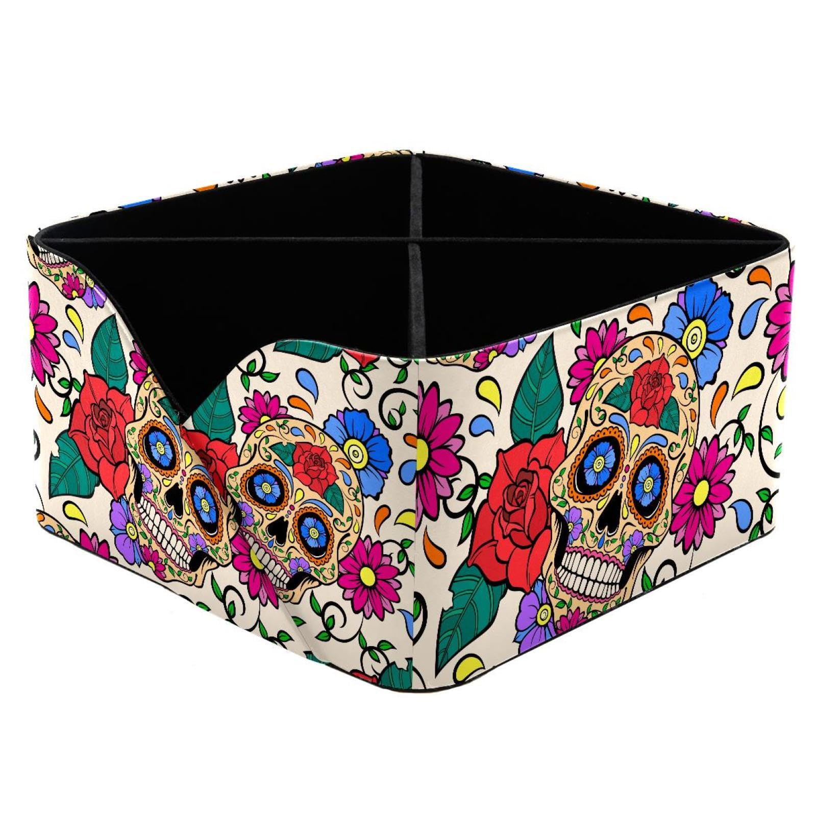KengjuTesu Suger Skull Colorful Floral Rose Desktop Organizer Pen Holder, Rectangular Pencil Cup for Office, Study and Makeup Stations