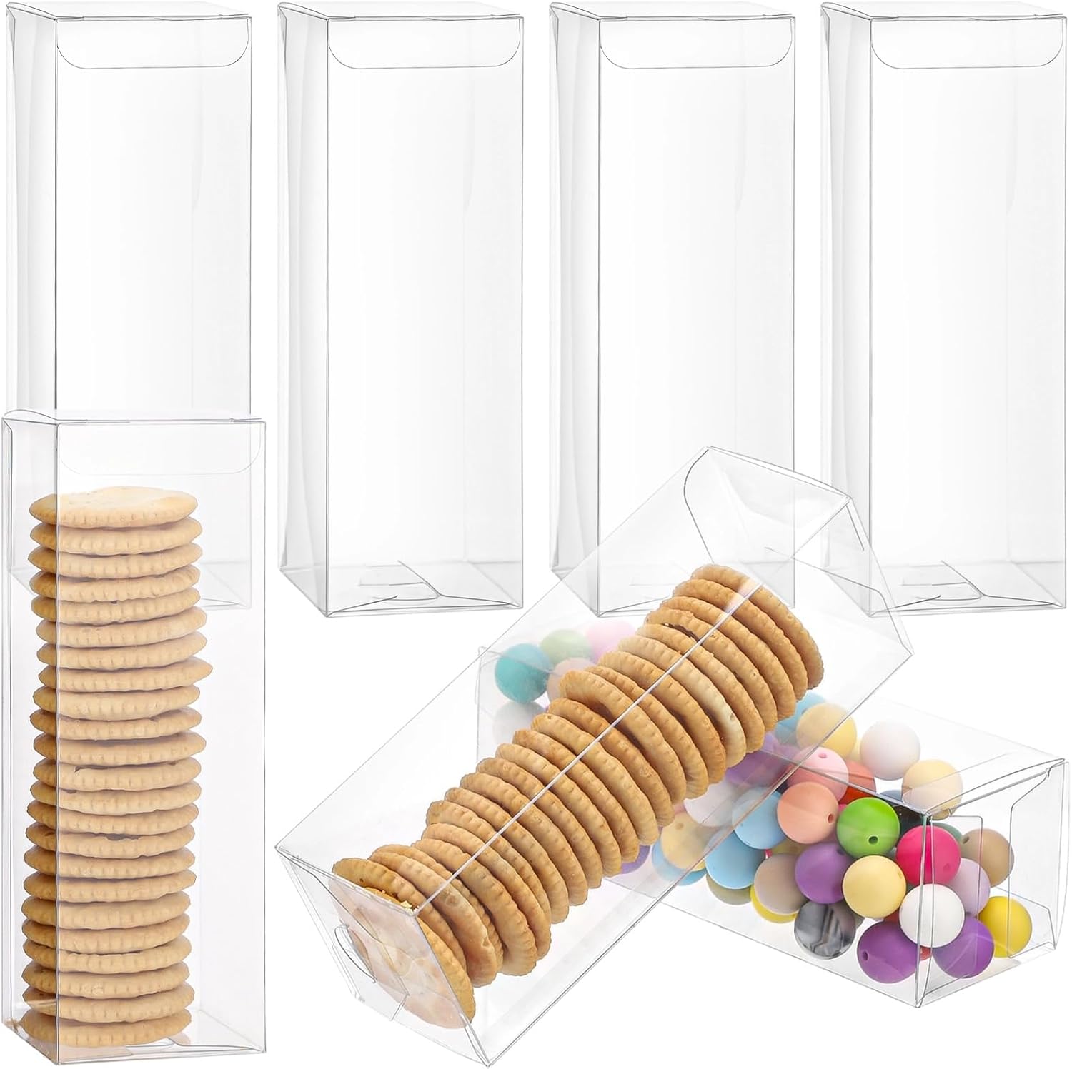 100PCS Clear Gift Boxes,2 x 2 x 6 IN Clear Plastic Gift Box PET Transparent Rectangle Present Favor Boxes Empty Containers Holders for Candy & Snacks,Easy to Assemble for Macaron Box, Wedding & Party