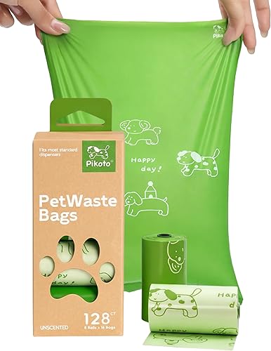 Dog Poop Bags Rolls, 128 Count (8 Refills) - 60% Recycled Plastic Unscented - Leak Proof, Extra Thick Waste Bag with Easy-Peel Sticker (Green)